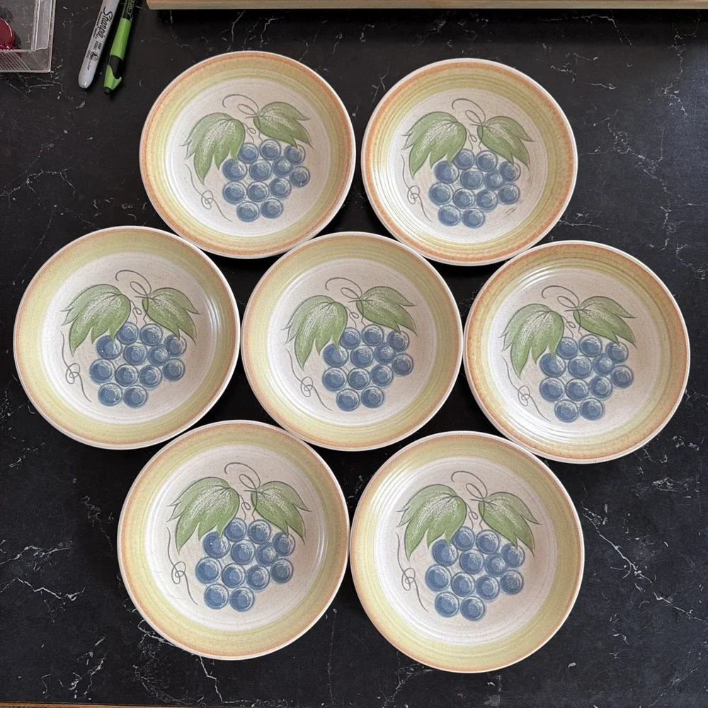 Franciscan Earthenware Fruit Blue Grapes Bread & Butter Plates Stone - Set Of 7